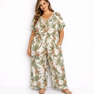 Lane Bryant Women 22/24 Floral Cotton Wide Leg Jumpsuit Green Pink Tropical XL
